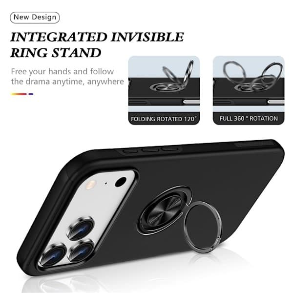 Etui til iPhone 17 Pro, blandede materialer, med ring - Sort