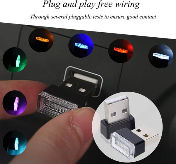 4 stk isblå USB-bilinteriørstemningslamper, universelle mini LED USB-lys for bildekorasjon, belysning