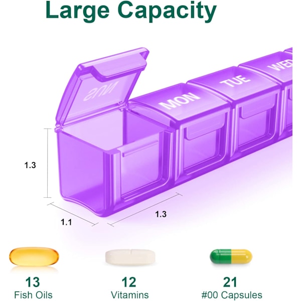 Extra stor pillerorganisatör 7 dagar, Xl dagliga pillerfodral veckovis Purple