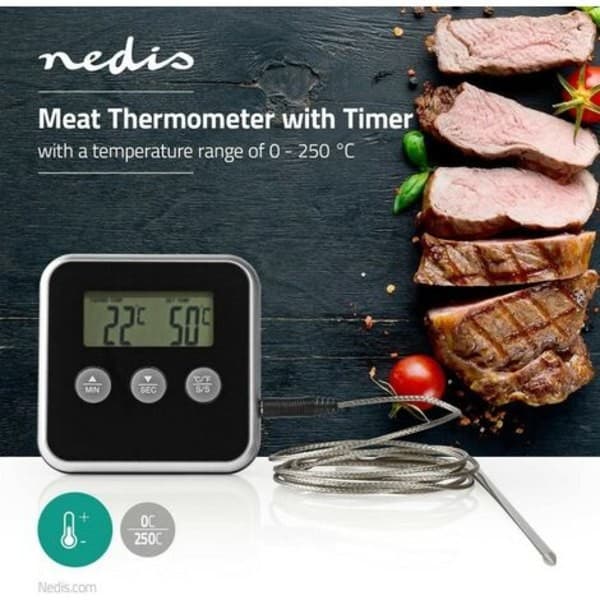 Kødtermometer med 0-250 °C digitalt display og timer