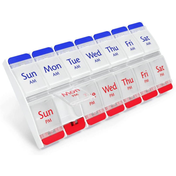 Dostryckknapp (7-dagars) case, medicinplanerare Blue and Red (Clear Lids)