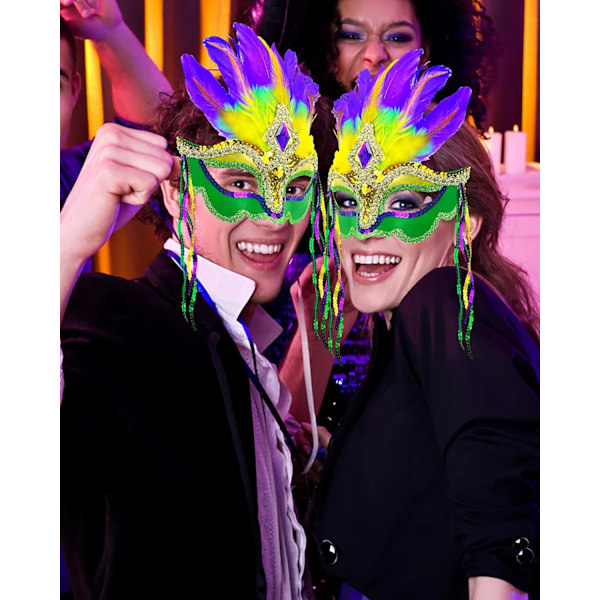 2025 Senaste Modell 2-pack Mardi Gras Mask Fjädrar Venetiansk Maskeradmask för Karnevaler Halloween Cosplay Party för Kvinnor Dam C