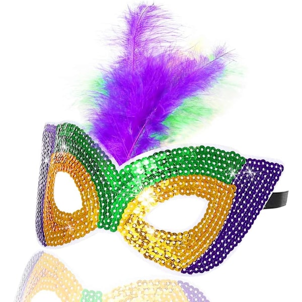 2025 Senaste Modell Mardi Gras Mask med Fjädrar Paljett Karneval Maskeradmask Venetianska Masker Accessoarer för Kvinnor