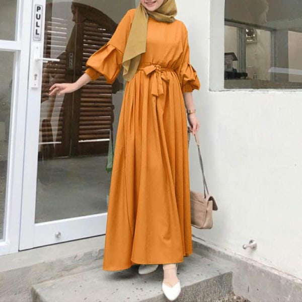 Muslimsk elegant klänning: print , rund hals, långa ärmar orange 5XL