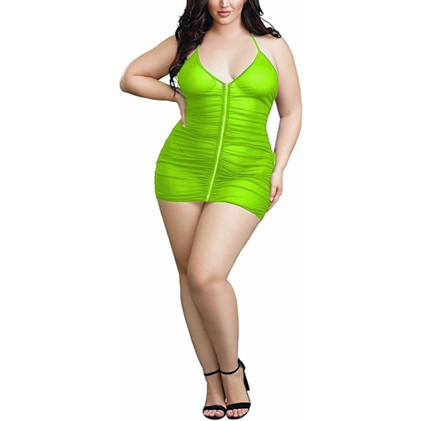 2025 Senaste Modell Plus Size Transparent Stretch Mesh Babydoll Klänning Dragkedja Rynk Halter Chemise Kurvig Sexig Underkläder för Kvinnor
