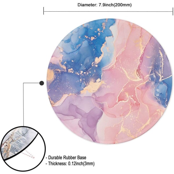 Halksäker Rund Musmatta i Gummi - Skrivbordsmatta för Arbets- och Spel (Flash Pink Marble)