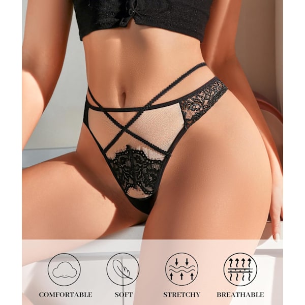2025 Senaste Modell Dam Trosor i Spets Hög Midja Sexiga Korsade Band G-String Underkläder Blommig Mesh Andningsbara Trosor 3-pack Bl