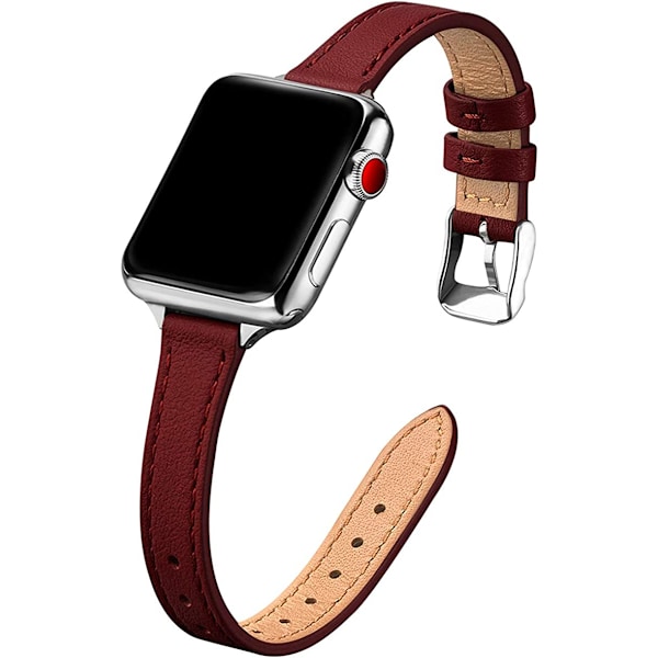 Smal läderband kompatibelt med Apple Watch Band 38mm Wine Red with Silver 42mm/44mm/45mm/49mm