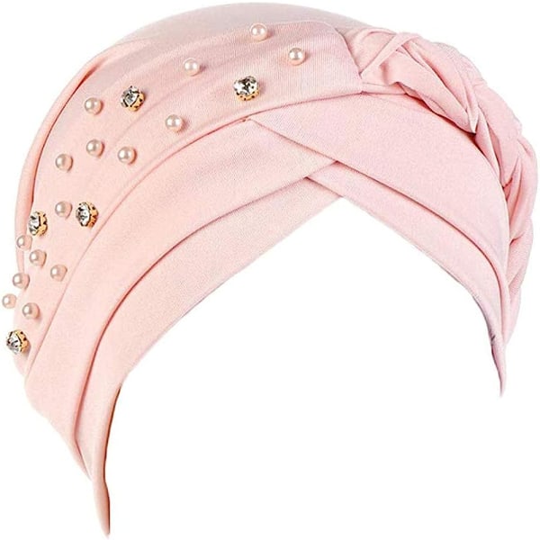 Turbanhatt för kvinnor och flickor, turbanhuvud med strass och pärlor Pink