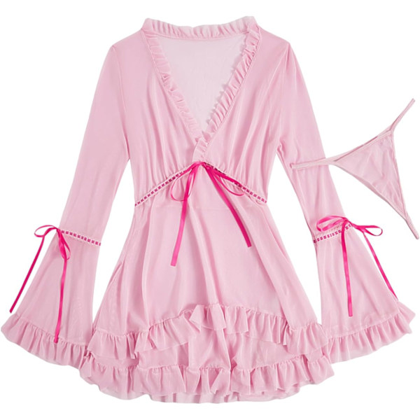 2025 Senaste Modell Dam 2-delad Transparent Mesh Underklädesset Volang Långärmad Klänning med Stringtrosa Rosa Medium
