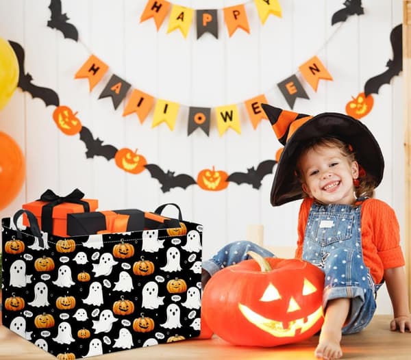 Halloween-kurv Søde kurve til børn Græskarkurv Rektangulær opbevaringskasse Organizer Boks Værelsesindretning (Sort Spøgelse)