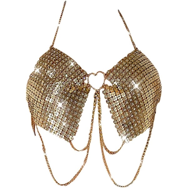 2025 Senaste Modell Boho Rhinestone Bröstkedja BH Glänsande Kristall Tofs Underkläder Halsband Guld Paljetter Crop Top Bikini Kroppsaccessoar