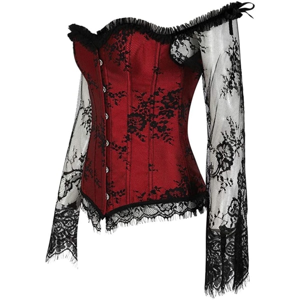 Korsetttoppar för kvinnor med ärmar, Bustier Overbust Lace Red M