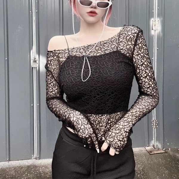 2025 Senaste Modell Dam Stickad Virkad Utskuren Fisknätstopp Långärmad Genomskinlig Nättröja Sexig Klubb Streetwear