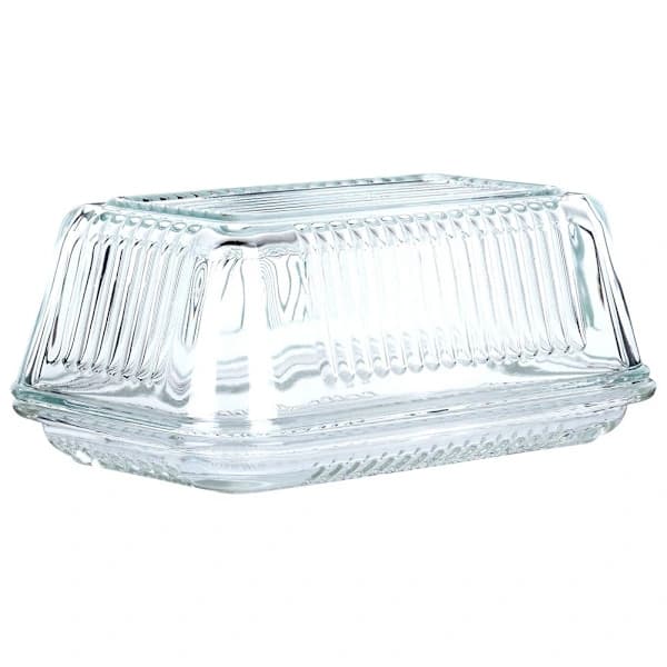 Smørboks i glass - klassisk design, egnet for oppbevaring og servering av smør.