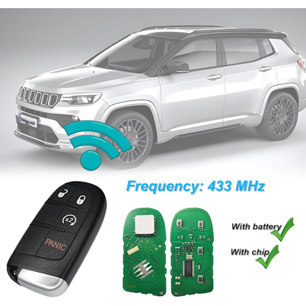Smart Nyckel Fob Ersättning Passar Jeep Compass 2017 2018 2019 2020 2021 2022 2023 Bil Nyckellös Ingång Fjärrkontroll FCC ID:M3N-40821302 Par
