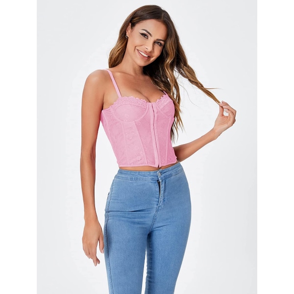 Dam Spets Bustier Korsett Topp Spaghetti Armband Criss Cross Light Pink XL