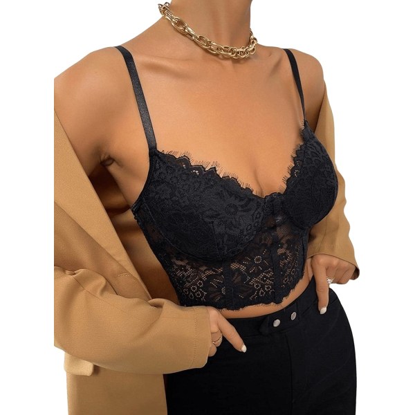 Kvinnors PU Läder V-hals Spaghetti Rem Cami Crop Top Black Lace L