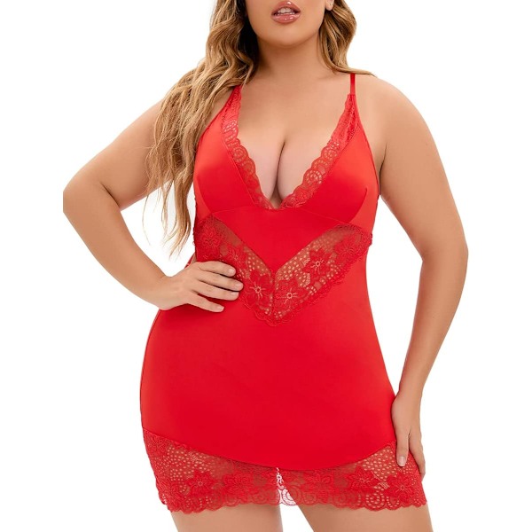 2025 Senaste Modell Plus Size V-ringad Spets Chemise Underkläder För Kvinnor Sexig Trim Babydoll Mesh Halter Nattlinne Sovkläder