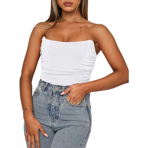 Kvinnors axelbandslös push up bustier korsett crop top bandeau White M