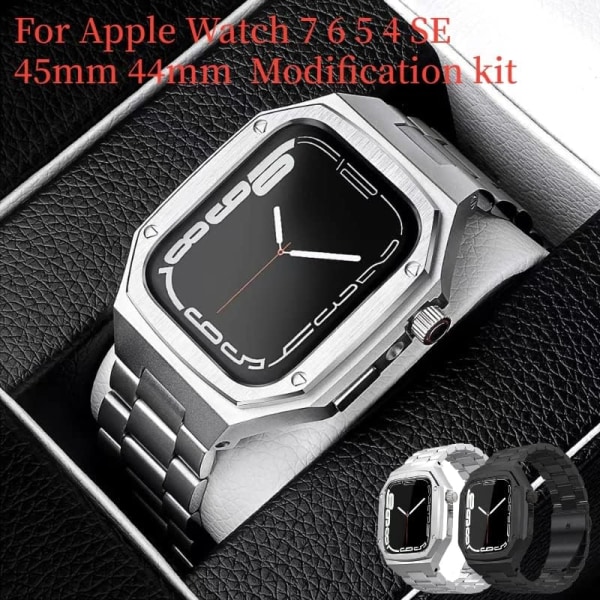 Metallmodifieringssats rem + fodral för Apple Silver Silver 44mm For 6/5/4/SE