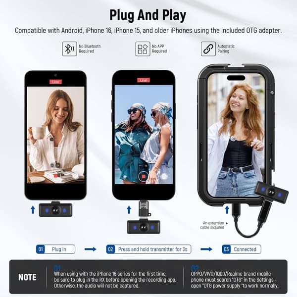 2025 Seneste Model Trådløst Lavalier Mikrofonsystem Kompatibelt med iPhone Android Telefon PC Laptop Computer, Støjreducerende Mini Reversmikrofon