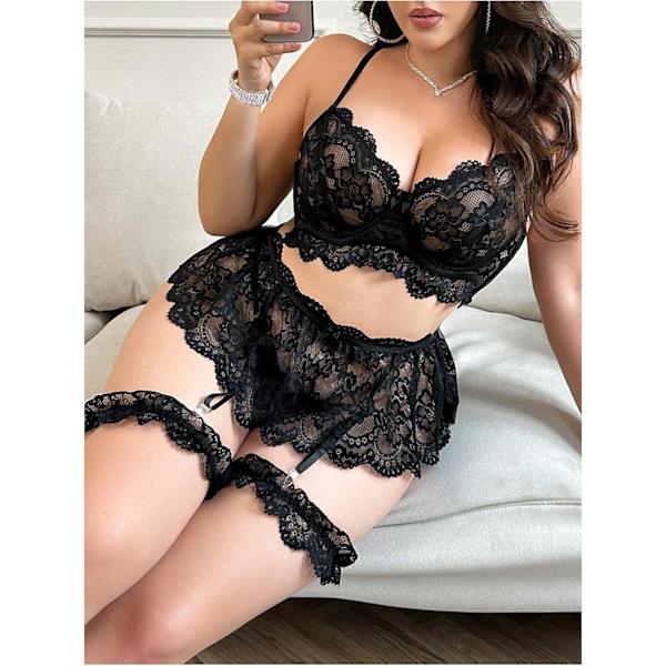 2025 Senaste Modell Dam Plus Size 4-Dels Underklädesset Blommig Spets Genomskinliga Braletter och Trosor med Höfthållare Svart X-Large Plus