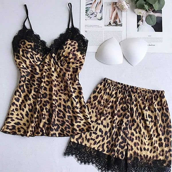 2025 Senaste Modell Satin Silk Nattlinne Dam Sexig Långärmad Leopardtryck Spetsunderkläder Morgonrockar Sling Sovkläder Pyjamasset Under