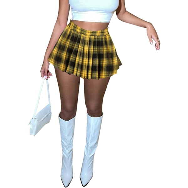 2025 Senaste Modell Mini Kjol Skater A-linje Plisserade Kjolar för Kvinnor Sexig Klubb Y2k Kjol Elastisk Midja Skolflicka Kjol Svart Gul