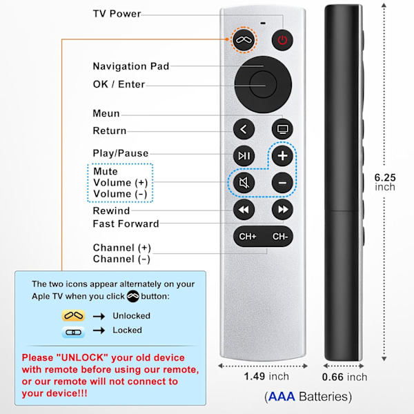 2025 Senaste Modell Ersättning för Apple-TV-4K-Fjärrkontroll, Fjärrkontroll för Apple TV 4K/HD (INTE Siri och Röst) för apple
