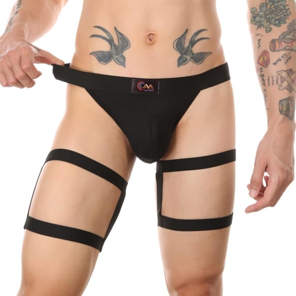 2025 Senaste Modell Herr Atletisk Jockstrap Underkläder Utskuren Låg Midja Strappy Cutout Bikini Jock Strap Rave Underbyxor med Benband Blac