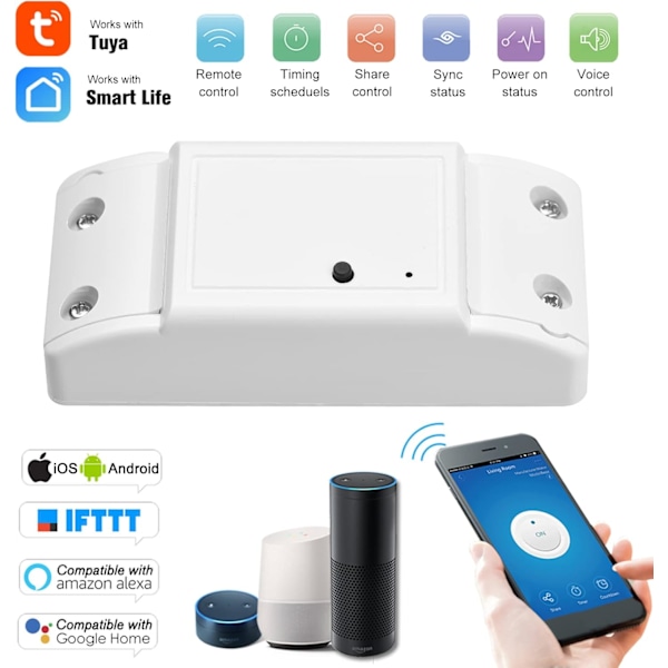 WiFi Smart Switch Kompatibel med Amazon& för Hem Timer 10A/2200W Trådlös Fjärrkontroll Switch för