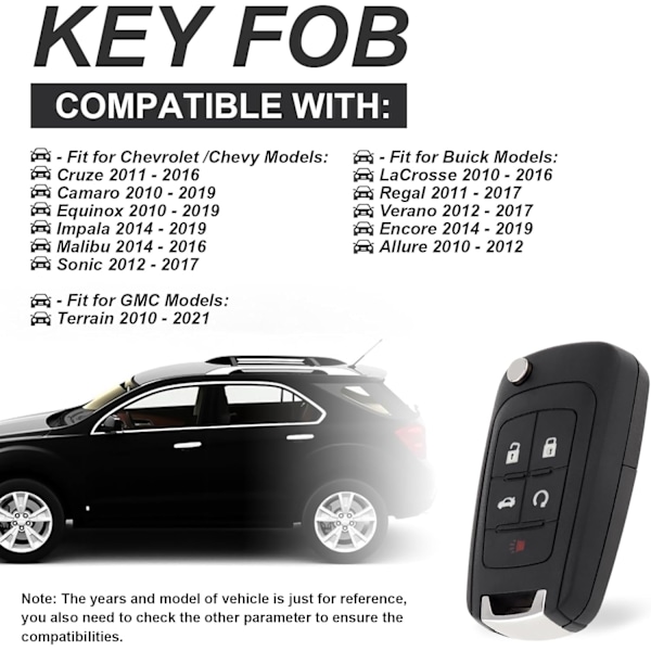 1 st Vikbar Nyckel Fjärrkontroll Ersättning Passar Chevy Cruze Camaro Equinox Impala Malibu Sonic/GMC Terrain/Buick Lacrosse Regal Veran