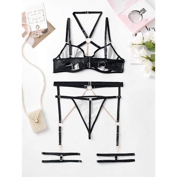 2025 Senaste Modell Sexig PU Läder Axelband Underwire Garter Bälte Underklädesset Svart Medium