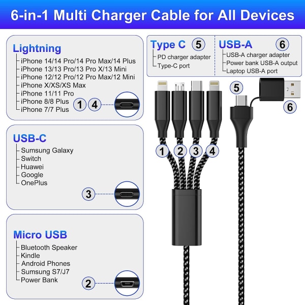 6-i-1 USB-C till Multi Snabbladdningskabel 3M/10Ft Apple