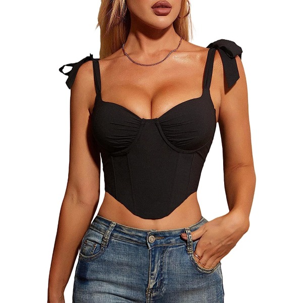 Kvinnors sexiga korsett crop top knyta upp axel asymmetrisk Black XS