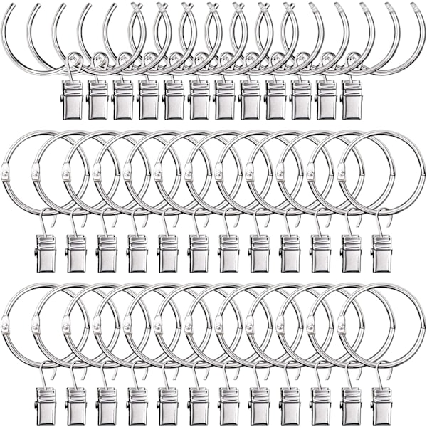 Högkvalitativt, helt nytt 36-pack kraftiga nickelpläterade metallgardinringar med klämmor, krokar och öppna ringar för gardiner och stänger, Enkelt