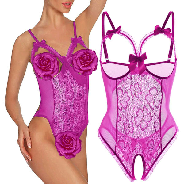 2025 Senaste Modell Underkläder för Kvinnor Sexig Teddy One-Piece Spets Babydoll Bodysuit Nattlinne Plus Size Lila Medium