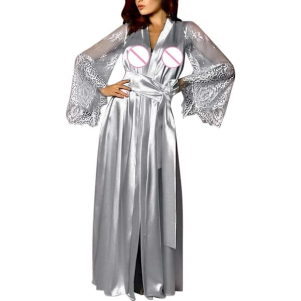 2025 Senaste Modell Dam Satin Lång Nattlinne Siden Spets Underkläder Nattlinne Sovkläder Sexig Morgonrock Underkläder för Kvinnor Plus Size (Grå
