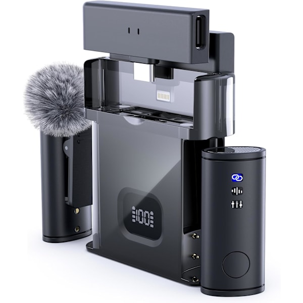 Trådlös Lavalier Mikrofon för iPhone/Android/iPad (2 TX + 2 RX + Laddningsfodral), Mini Mikrofon med Brusreducering, 22H Batteri, 40m Räckvidd