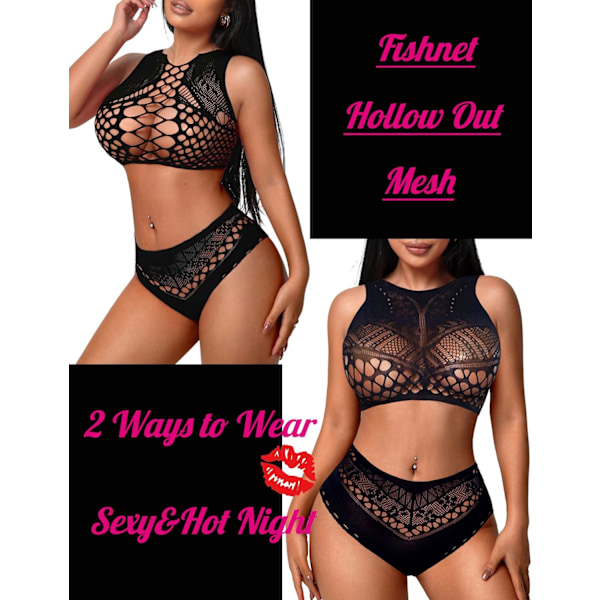2025 Senaste Modell Dam Fisknätsunderkläder för Kvinnor Sexig Tvådelad Underklädesset Stripper Outfit Svart One Size