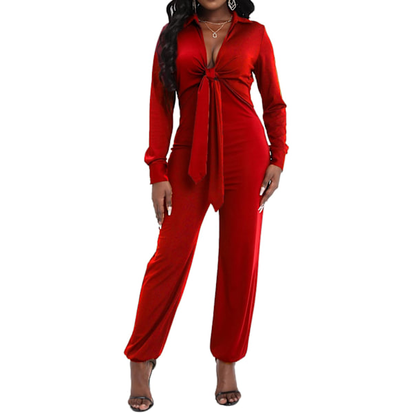 2025 Senaste Modell Jumpsuits för Kvinnor Elegant Långärmad Sexig V-ringad Casual Långa Vida Ben Byxor med Fickor Bälte