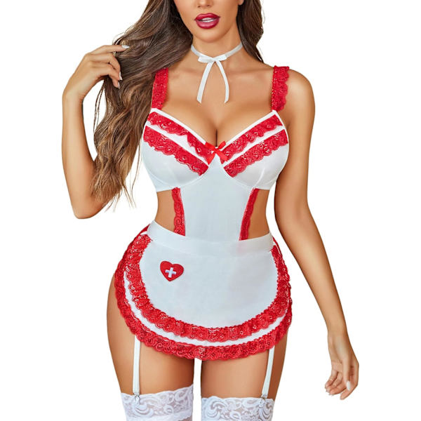2025 Senaste Modell Damunderklädesset Spets V-ringad Teddy Babydoll 3-pack Underkläder Kostymer Sovkläder Klänning S-XXL Vit Sjuksköterska Medium