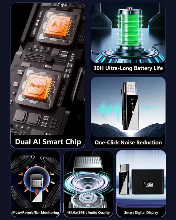 2025 Seneste Model Trådløs Lavalier Mikrofon til iPhone Android Telefon PC, Pro Lapel Mikrofonsystem Mini med USB-C/Lightning, 48KHz 24Bit, 30