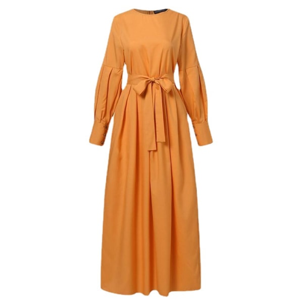 Muslimsk elegant klänning: print , rund hals, långa ärmar orange 5XL