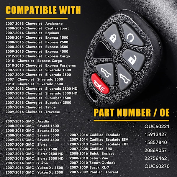 Nyckelbricka Ersättning Passar för 2007 2008 2009 2010 2011 2012 2013 2014 Chevy Silverado Suburban Tahoe Avalanche Equinox Express Trav