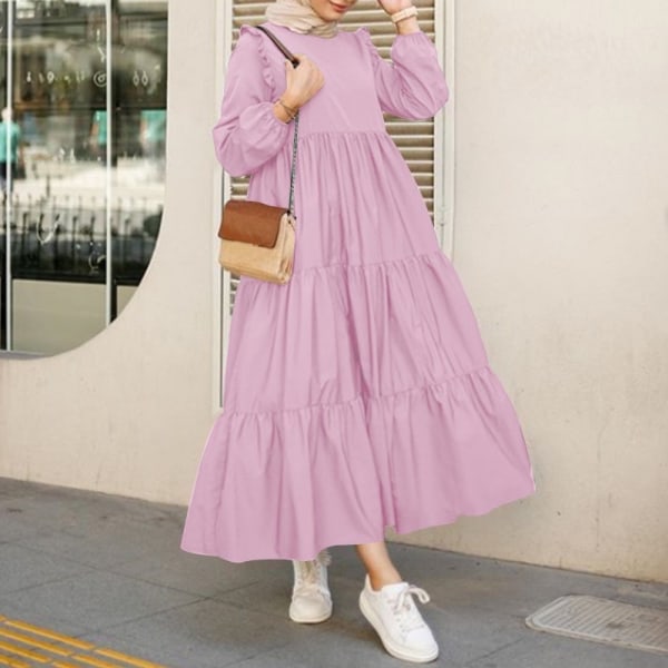 Muslimsk långklänning i ren färg med volanger och veckad hals Pink 4XL