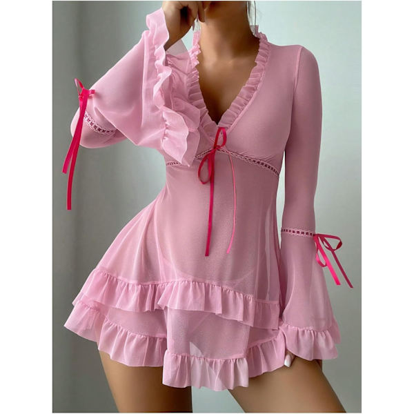 2025 Senaste Modell Dam 2-delad Transparent Mesh Underklädesset Volang Långärmad Klänning med Stringtrosa Rosa Medium