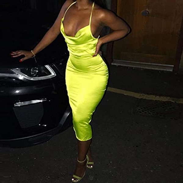 2025 Senaste Modell Dam Neon Satin Sexig Bodycon Elegant Rygglös Lång Midiklänning för Cocktailparty