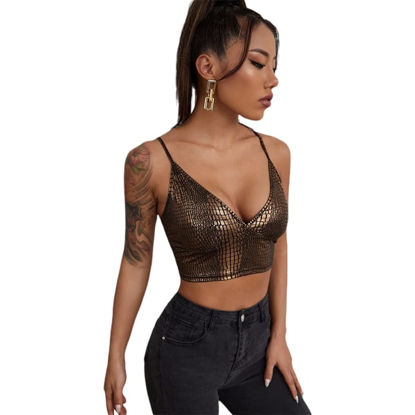 Kvinnors PU Läder V-hals Spaghetti Rem Cami Crop Top Bronze Crocodile S